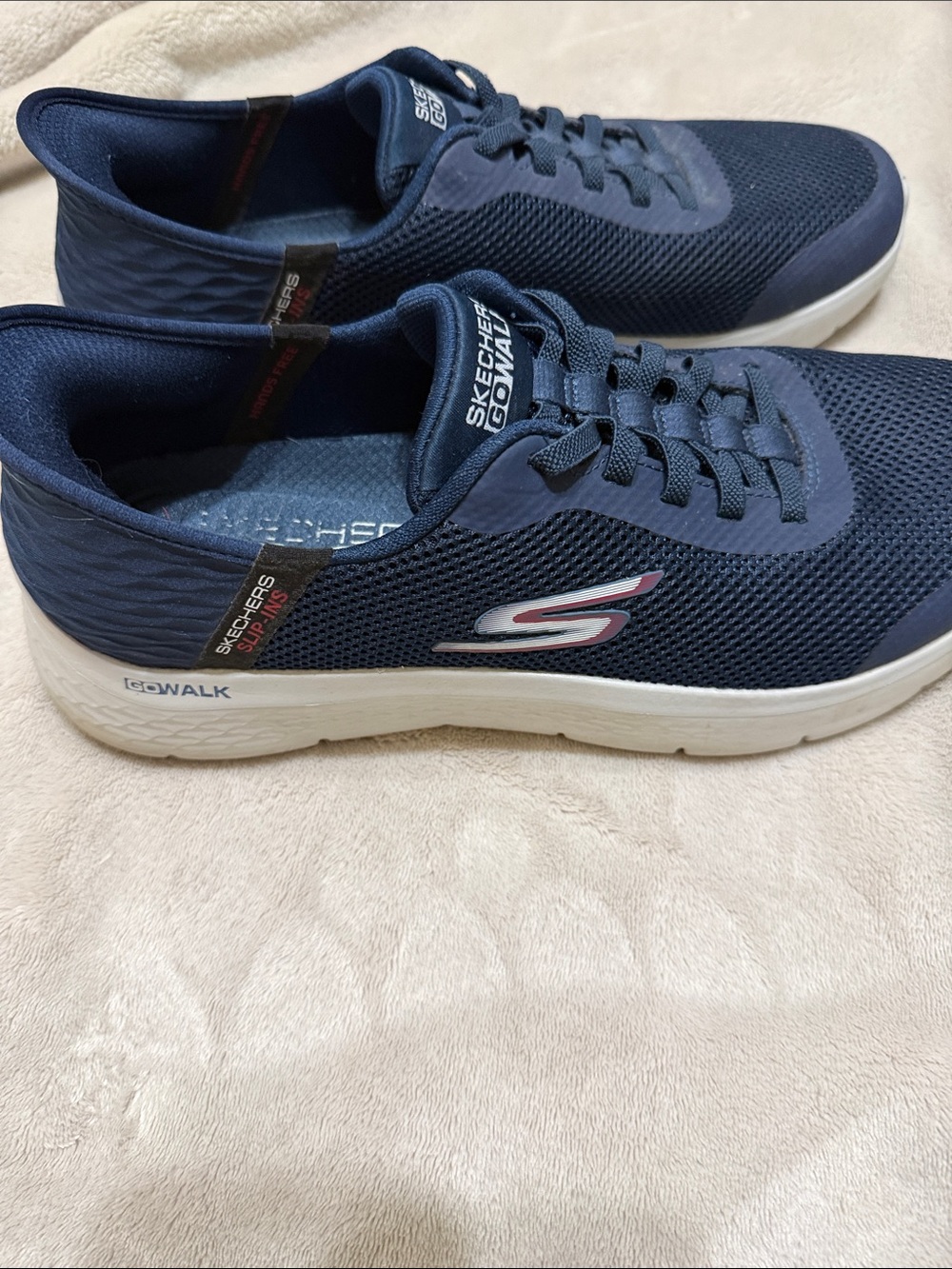Men’s Skechers Navy and White GOWalk Men's Mesh Lace-Up Sneakers with Red Accent
